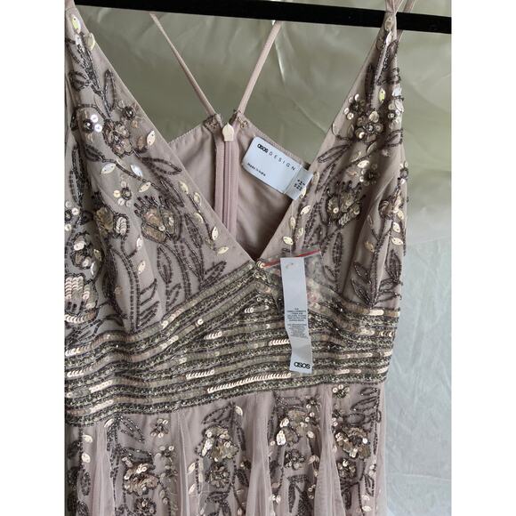 ASOS Formal Beaded Gown Size 2 Champagne Strappy Fit And Flare Prom - Picture 2 of 4